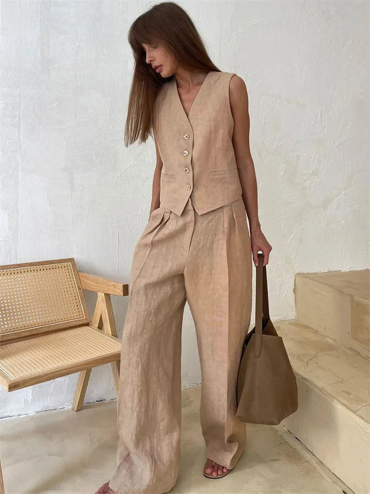 Raffinato Set Estivo Gilet Abbottonato Pantaloni Larghi