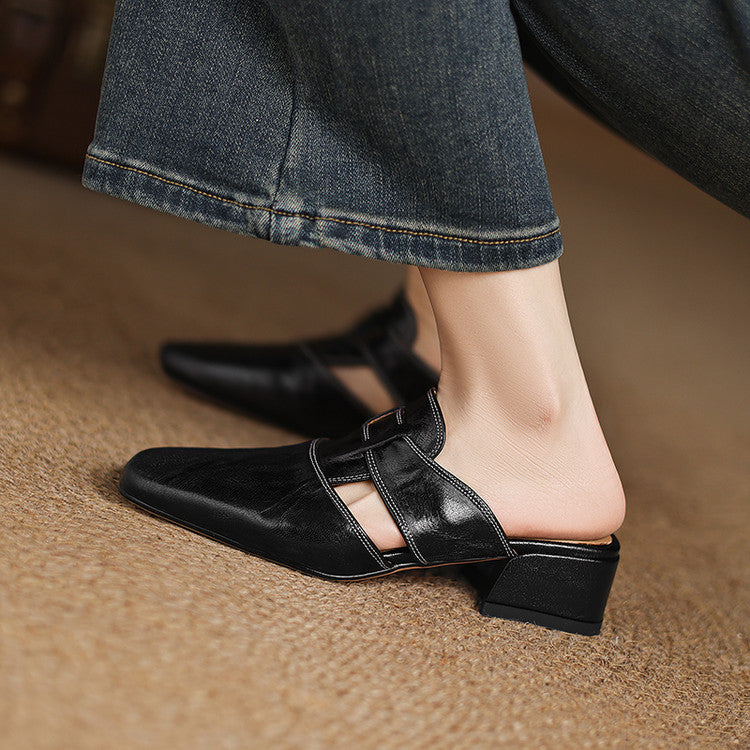 Mules donna eleganti in pelle punta quadrata