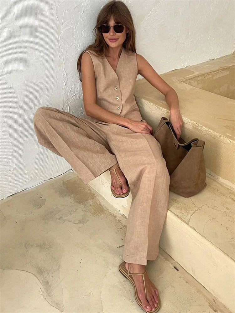 Raffinato Set Estivo Gilet Abbottonato Pantaloni Larghi