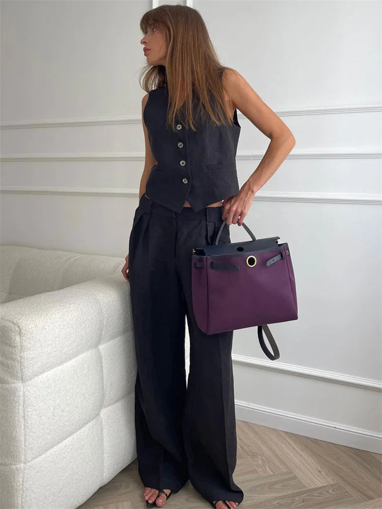 Raffinato Set Estivo Gilet Abbottonato Pantaloni Larghi