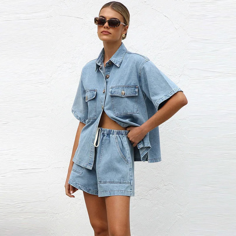 Classico Set Estivo Donna Camicia Shorts Vita Elastica