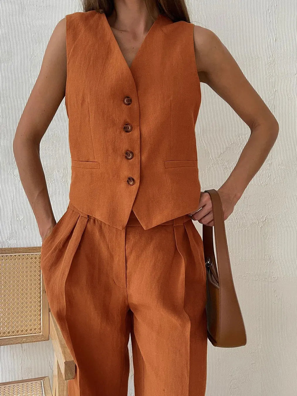 Raffinato Set Estivo Gilet Abbottonato Pantaloni Larghi