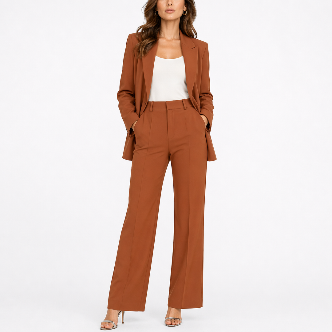 Tailleur Donna Suit con Blazer Strutturato e Pantalone a Vita Alta