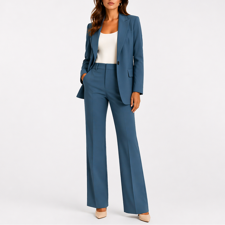 Tailleur Donna Suit con Blazer Strutturato e Pantalone a Vita Alta