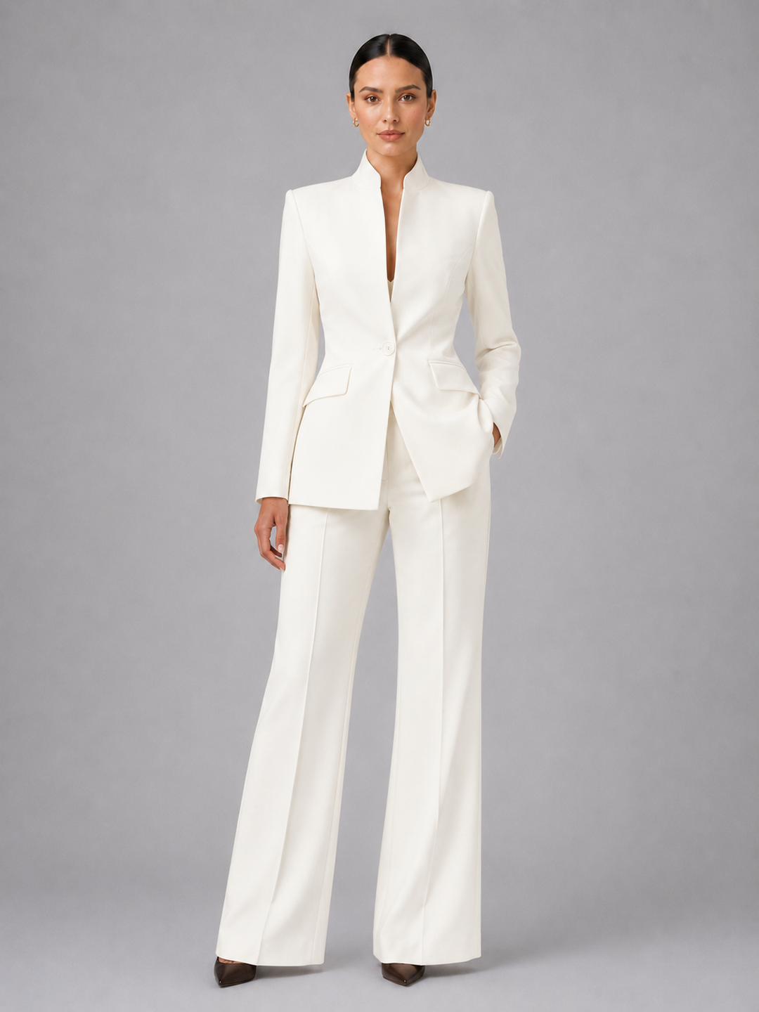 Tailleur Donna Suit con Blazer Senza Collo e Pantalone Palazzo