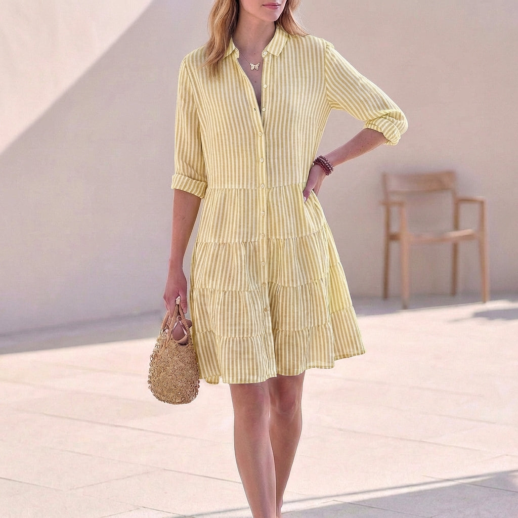 Elegante Abito Midi Tiered Scollo a V Maniche Tre Quarti