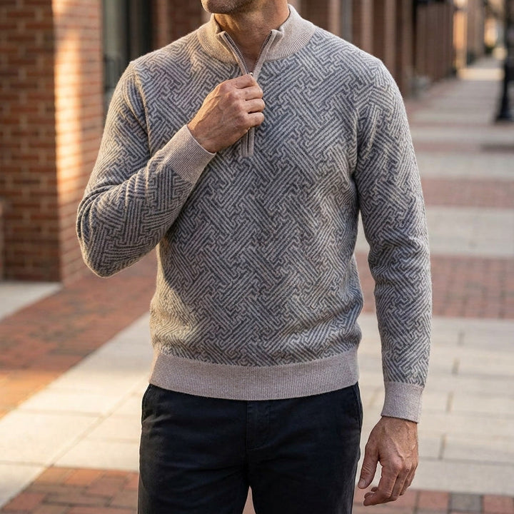 Maglione Uomo in Lana Merino con Zip e Jacquard Geometrico