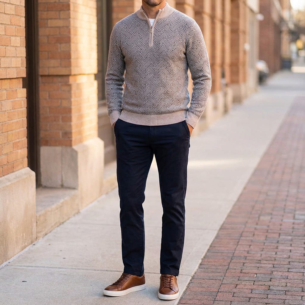 Maglione Uomo in Lana Merino con Zip e Jacquard Geometrico