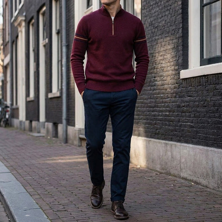 Maglione Uomo Quarter Zip Collo Alto con Righe a Contrasto