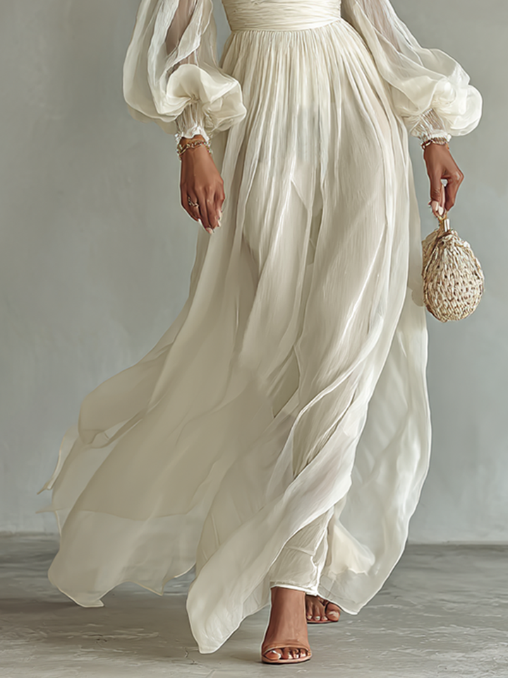 Abito Lungo in Chiffon con Scollo Quadrato e Maniche Lunghe