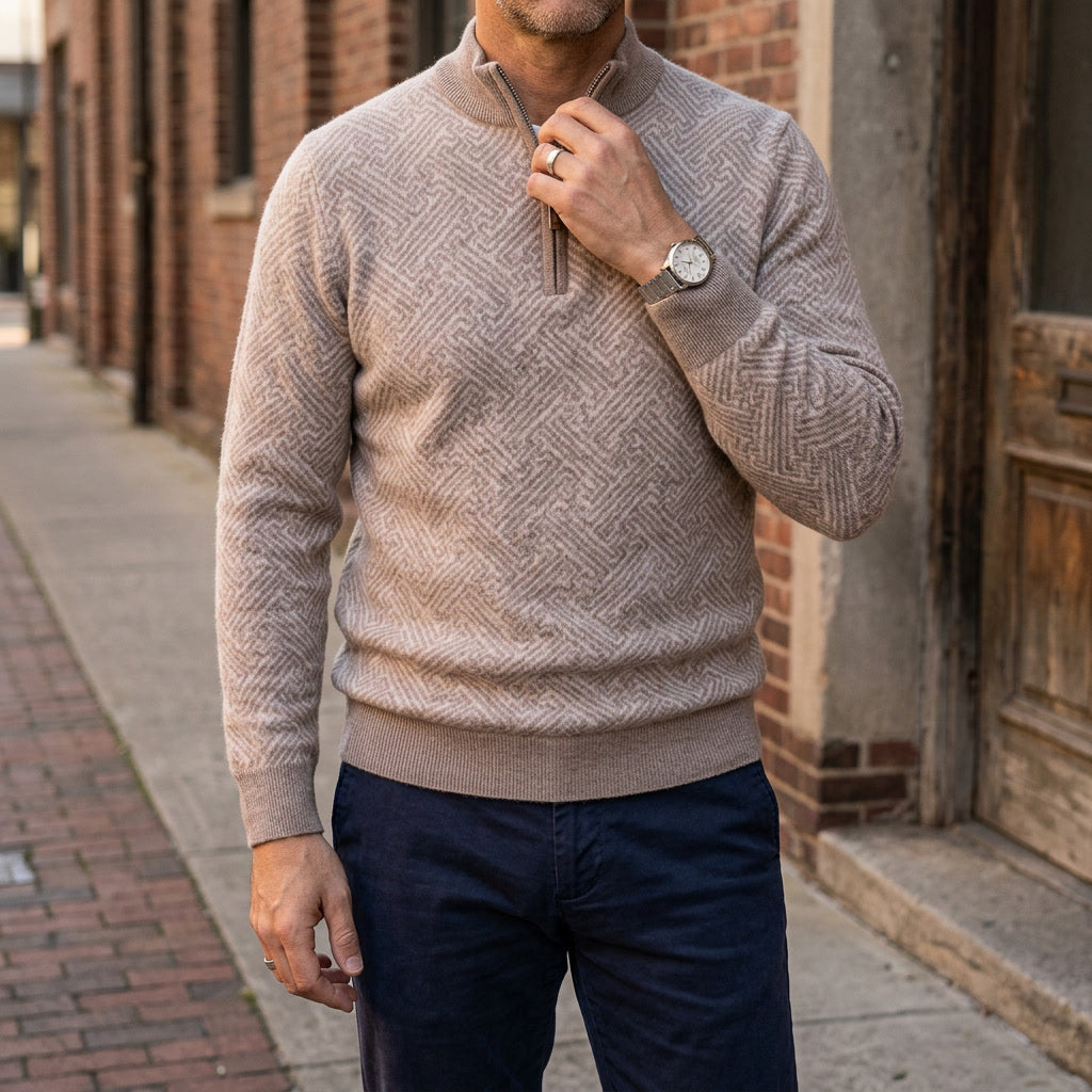 Maglione Uomo in Lana Merino con Zip e Jacquard Geometrico