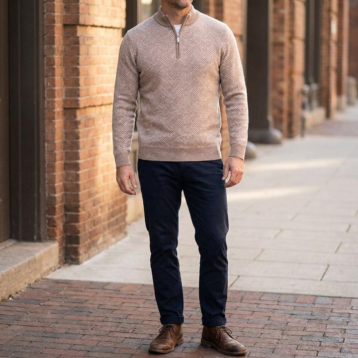 Maglione Uomo in Lana Merino con Zip e Jacquard Geometrico