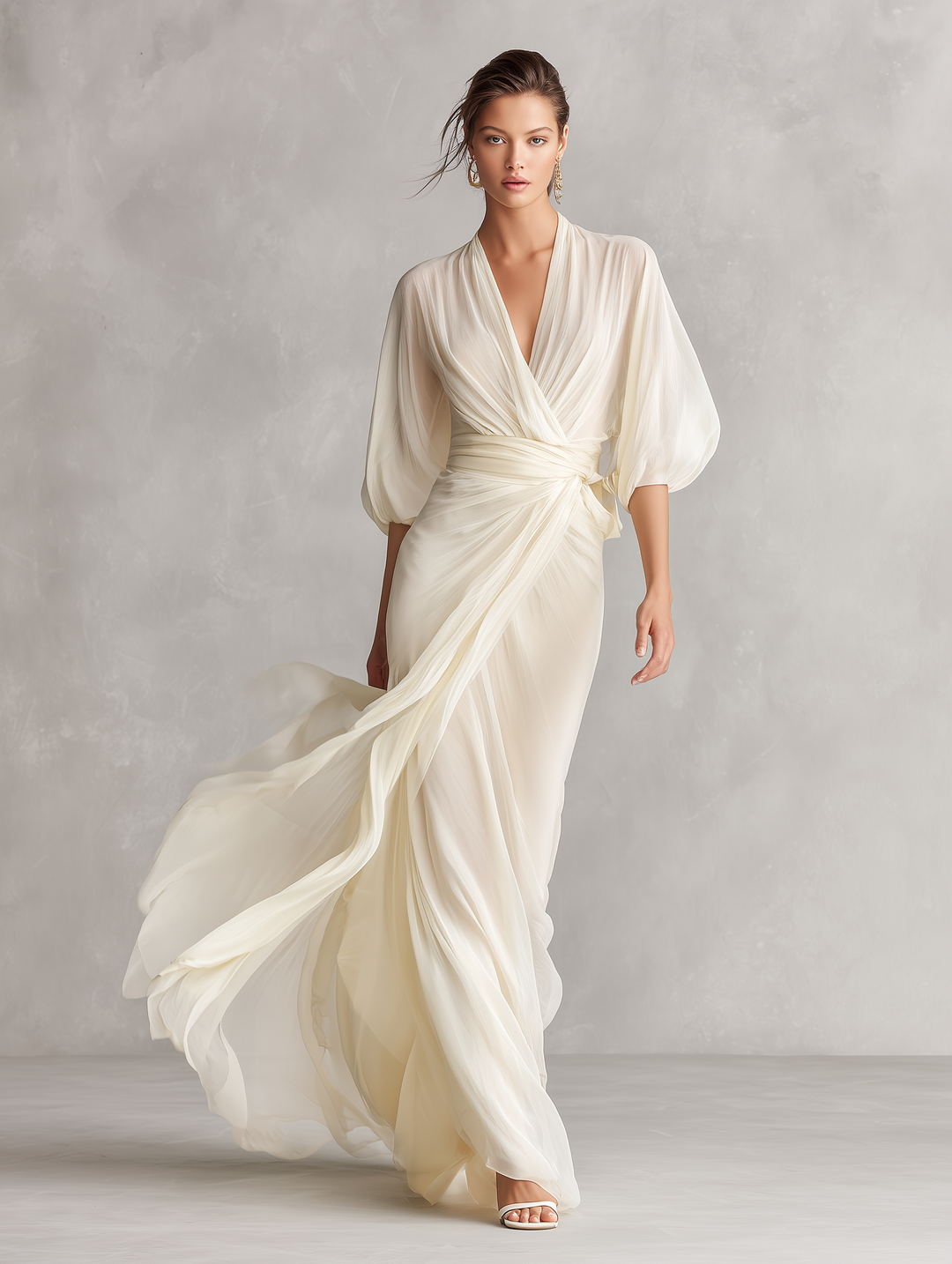 Abito Lungo in Chiffon Avorio con Maniche a Sbuffo e Drappeggio