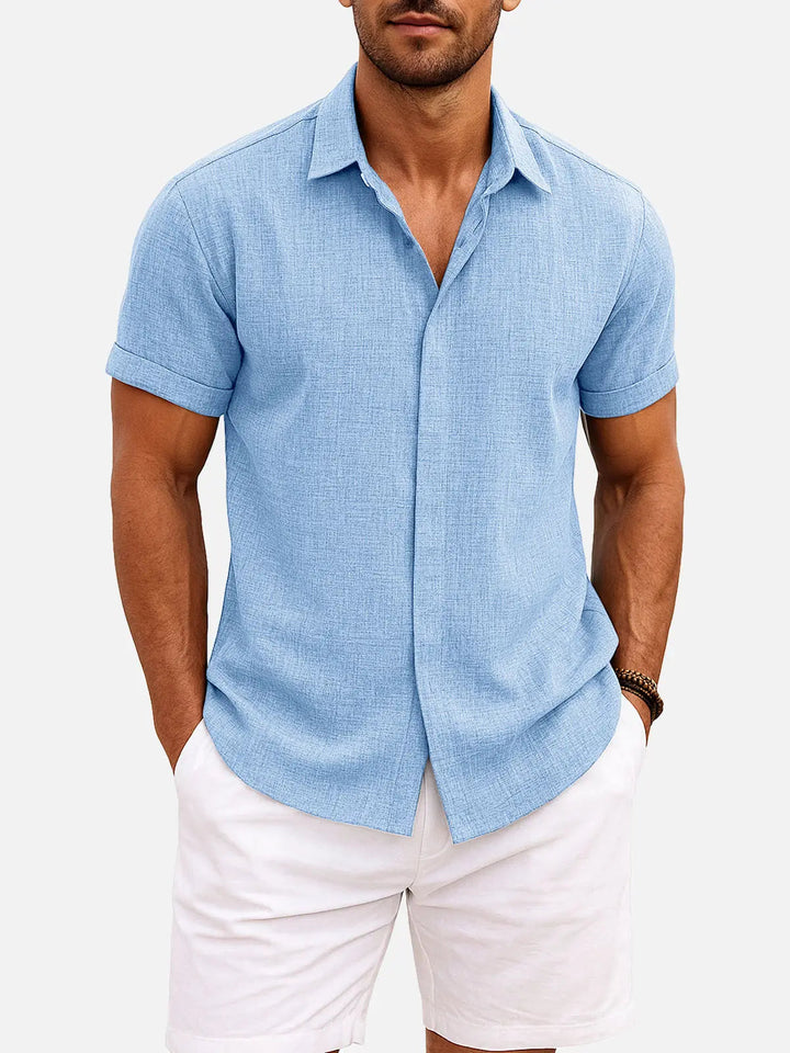 Camicia da uomo a maniche corte in misto cotone e lino
