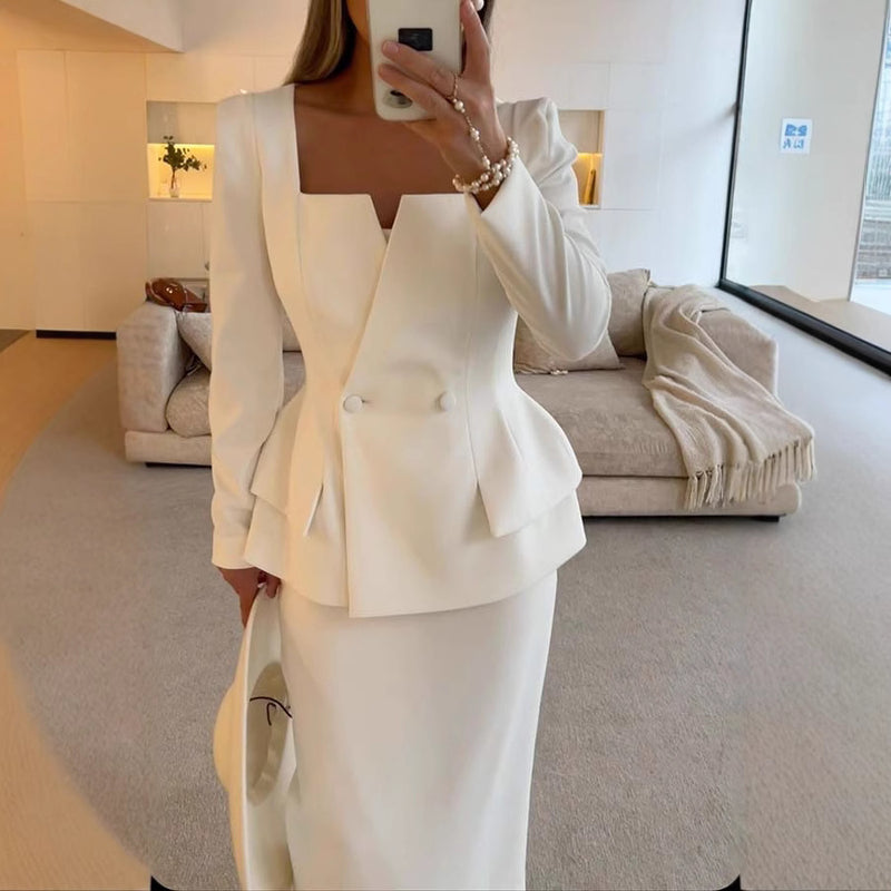 Completo Donna Suit con Top a Maniche Lunghe e Gonna Midi