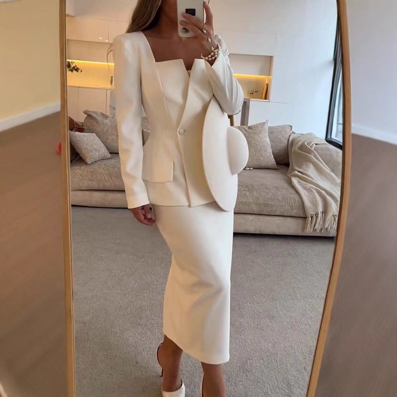 Completo Donna Suit con Top a Maniche Lunghe e Gonna Midi
