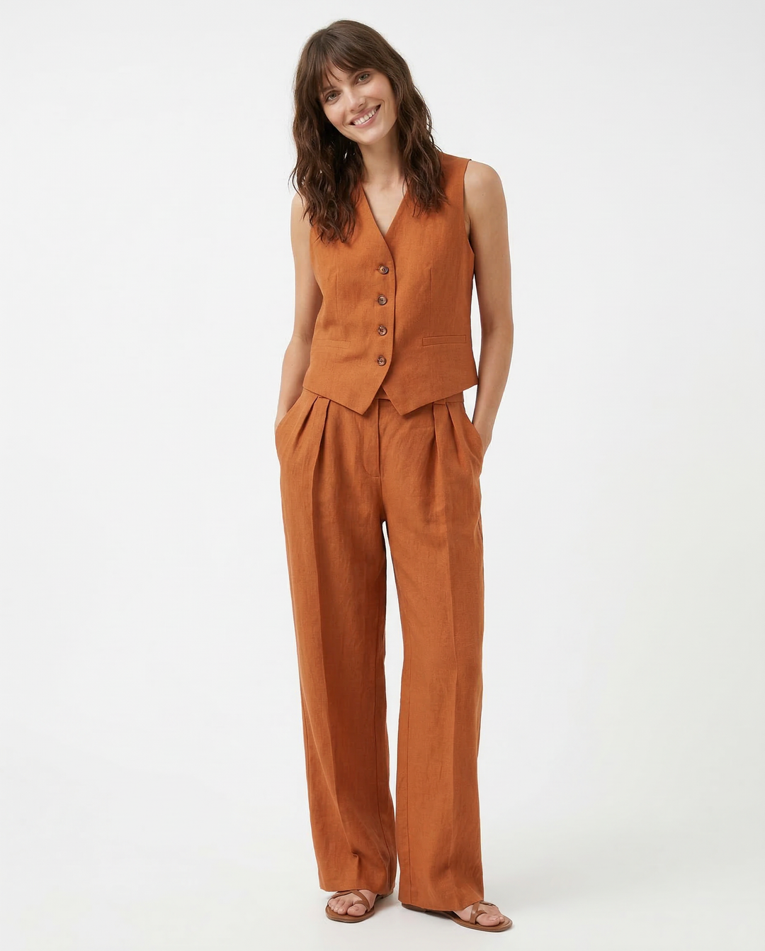 Raffinato Set Estivo Gilet Abbottonato Pantaloni Larghi