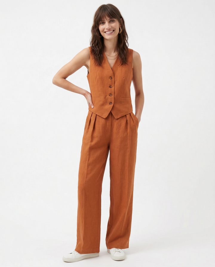 Raffinato Set Estivo Gilet Abbottonato Pantaloni Larghi