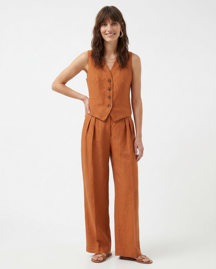 Raffinato Set Estivo Gilet Abbottonato Pantaloni Larghi