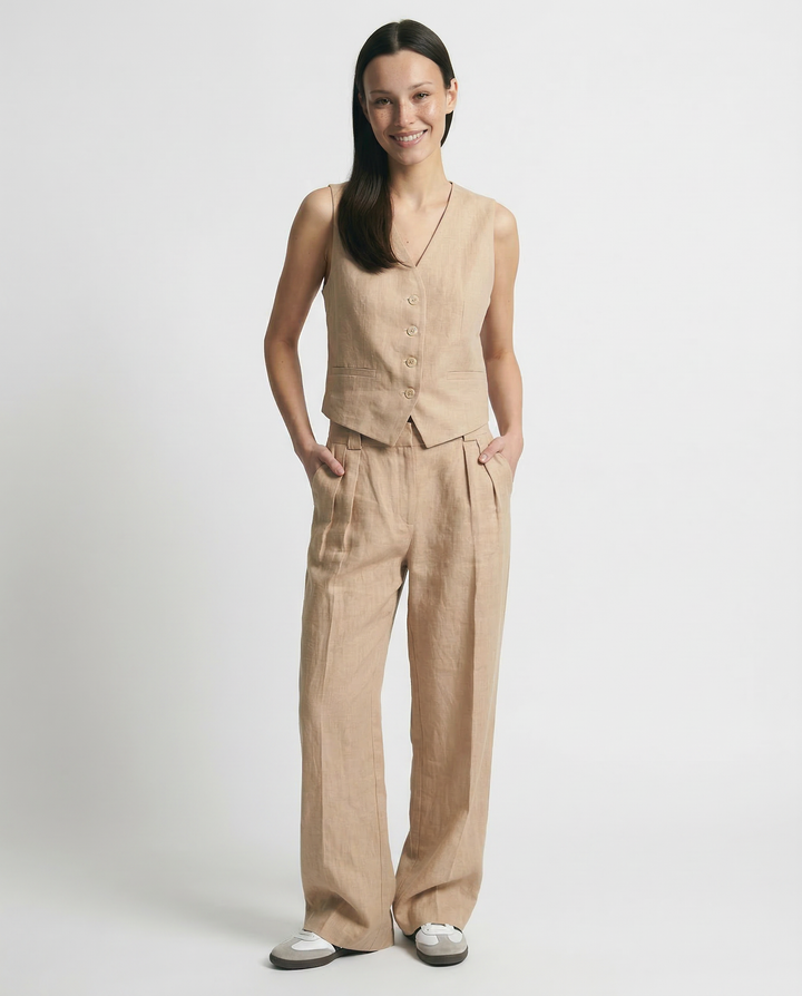 Raffinato Set Estivo Gilet Abbottonato Pantaloni Larghi