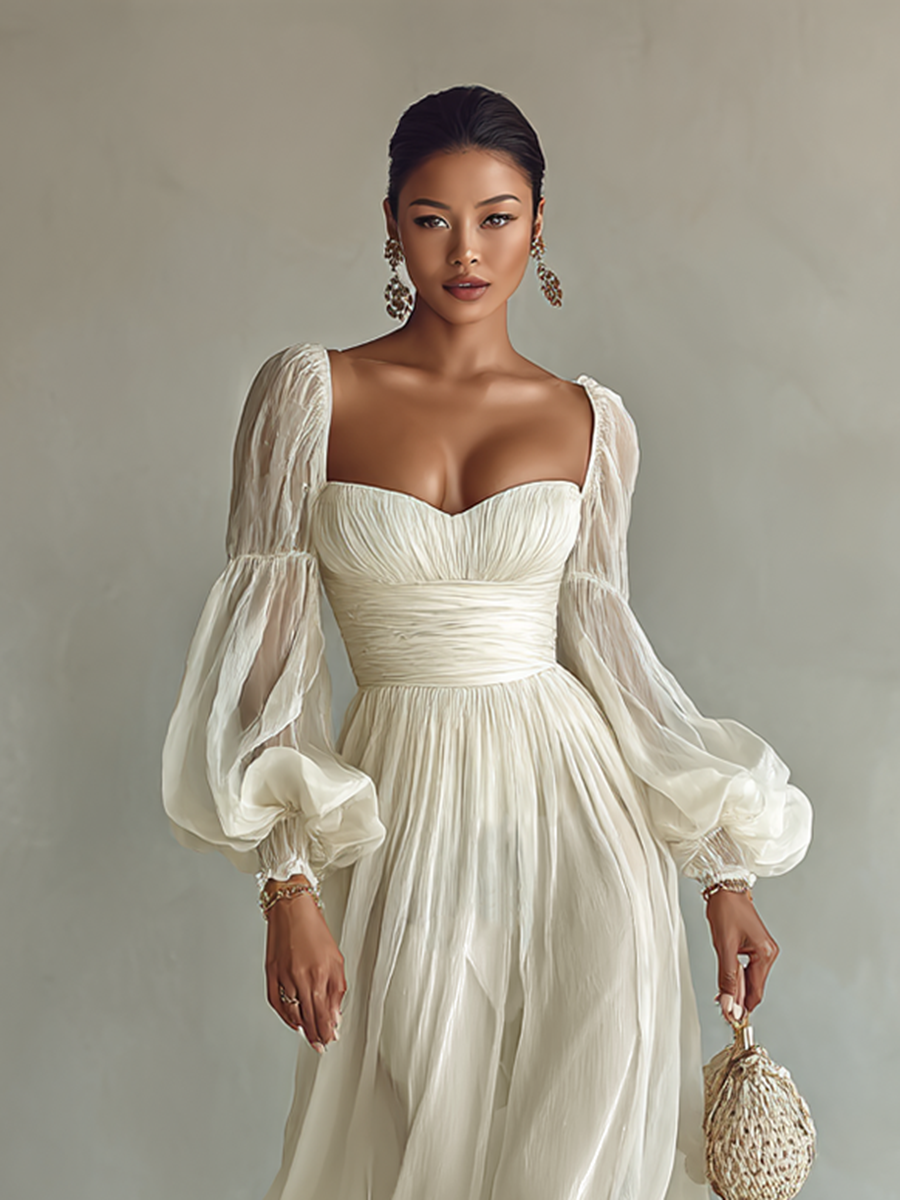 Abito Lungo in Chiffon con Scollo Quadrato e Maniche Lunghe