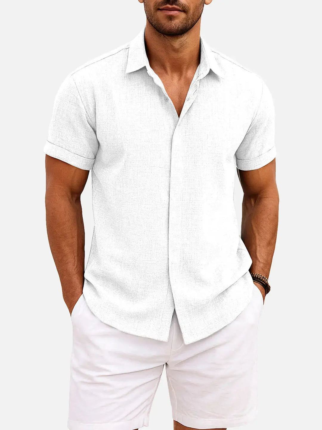 Camicia da uomo a maniche corte in misto cotone e lino