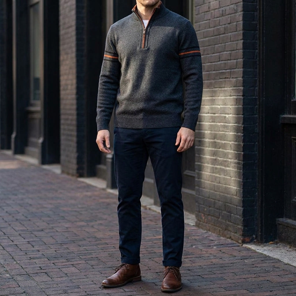 Maglione Uomo Quarter Zip Collo Alto con Righe a Contrasto