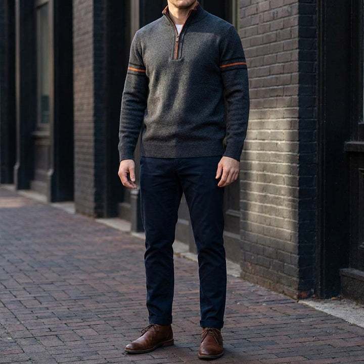 Maglione Uomo Quarter Zip Collo Alto con Righe a Contrasto