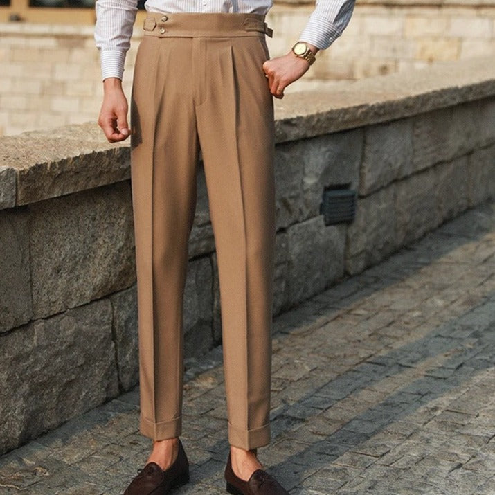 Elegante Pantalone Uomo Doppio Bottone Piega Regolatori Laterali