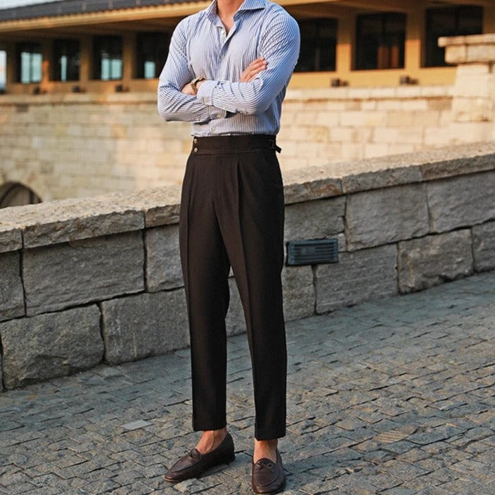 Elegante Pantalone Uomo Doppio Bottone Piega Regolatori Laterali