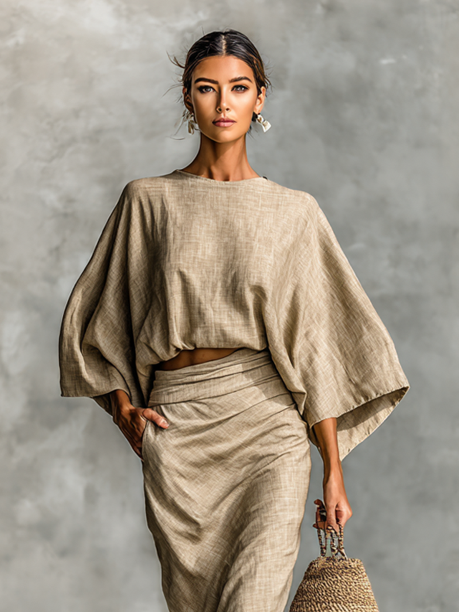 Elegante Completo Donna Maniche Pipistrello Gonna Lunga