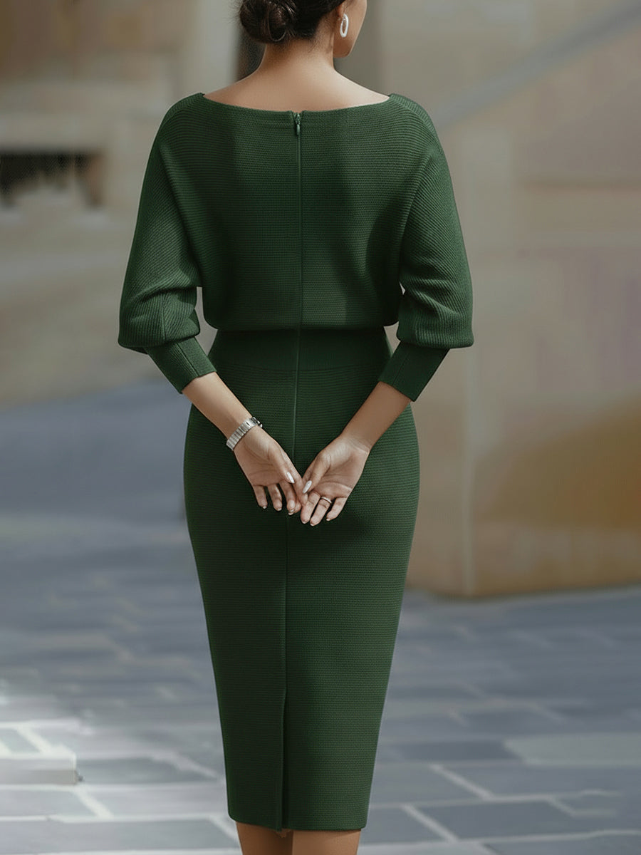 Bianca - Abito midi da donna bianco con maniche a pipistrello drappeggiate