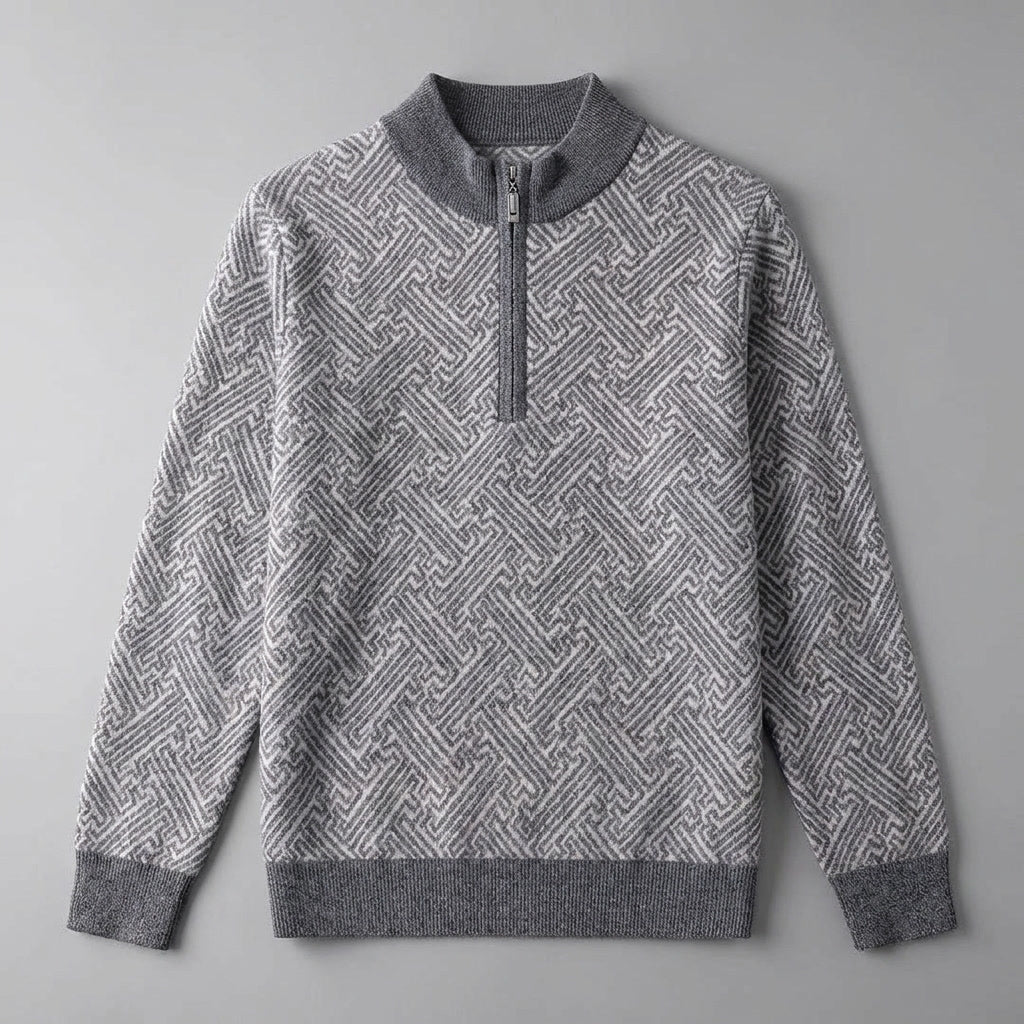Maglione Uomo in Lana Merino con Zip e Jacquard Geometrico
