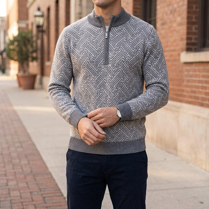 Maglione Uomo in Lana Merino con Zip e Jacquard Geometrico