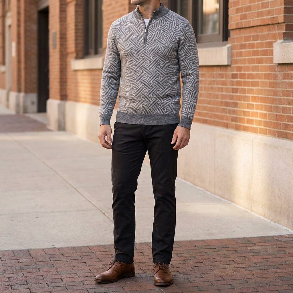 Maglione Uomo in Lana Merino con Zip e Jacquard Geometrico