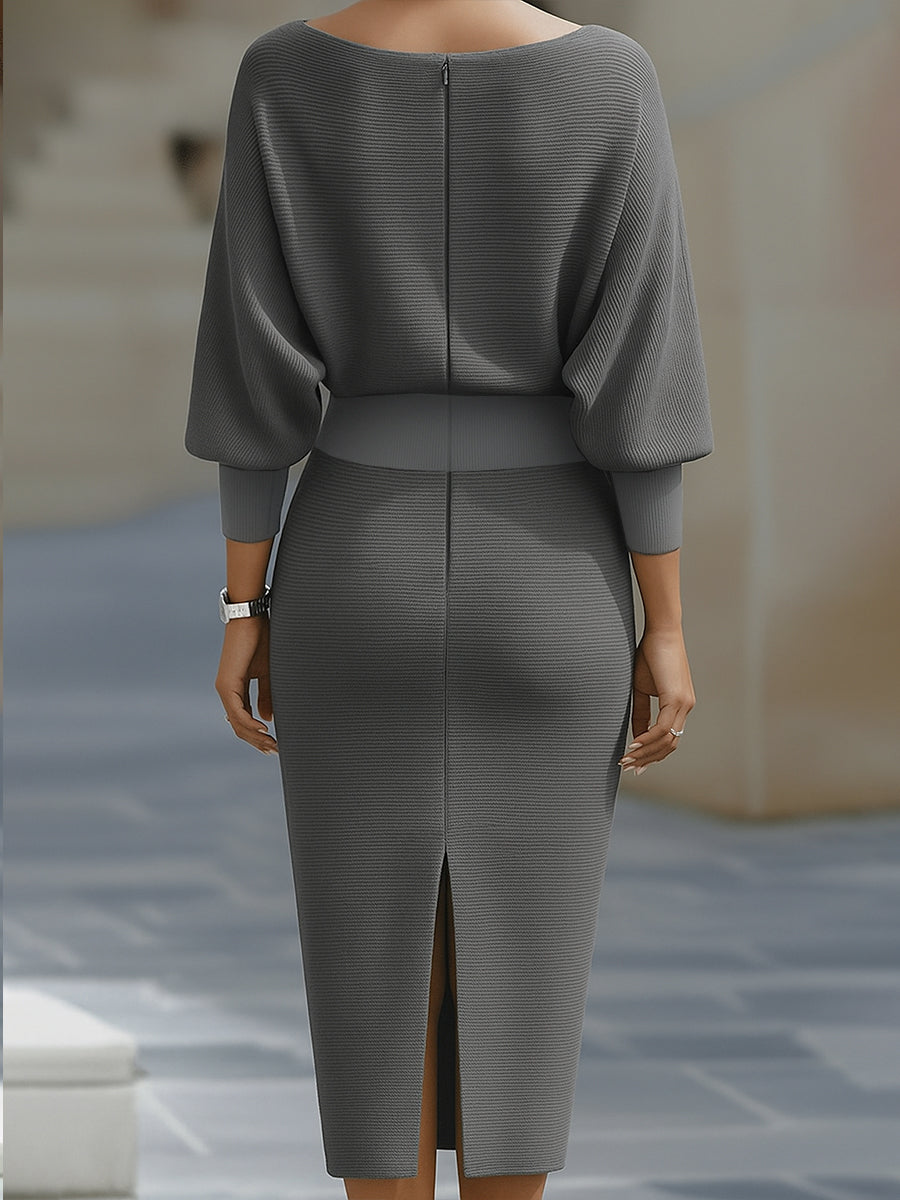 Bianca - Abito midi da donna bianco con maniche a pipistrello drappeggiate