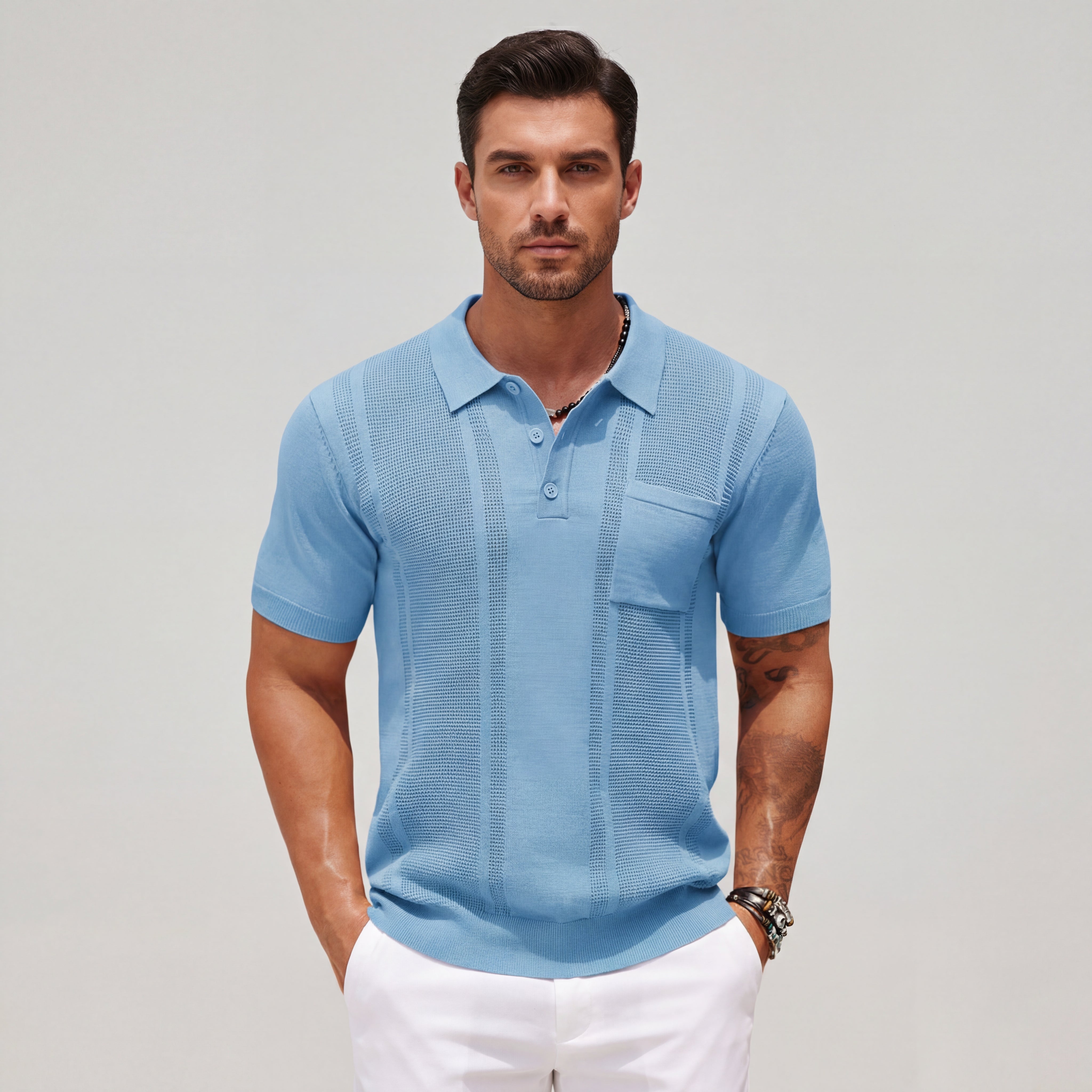Fresco Polo Uomo Manica Corta Maglia Traforata Tasca