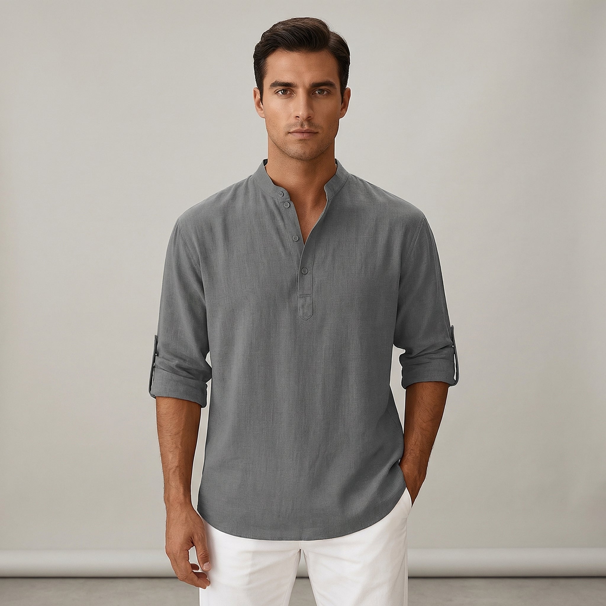 Disinvolto camicia uomo lino collo coreana manica lunga