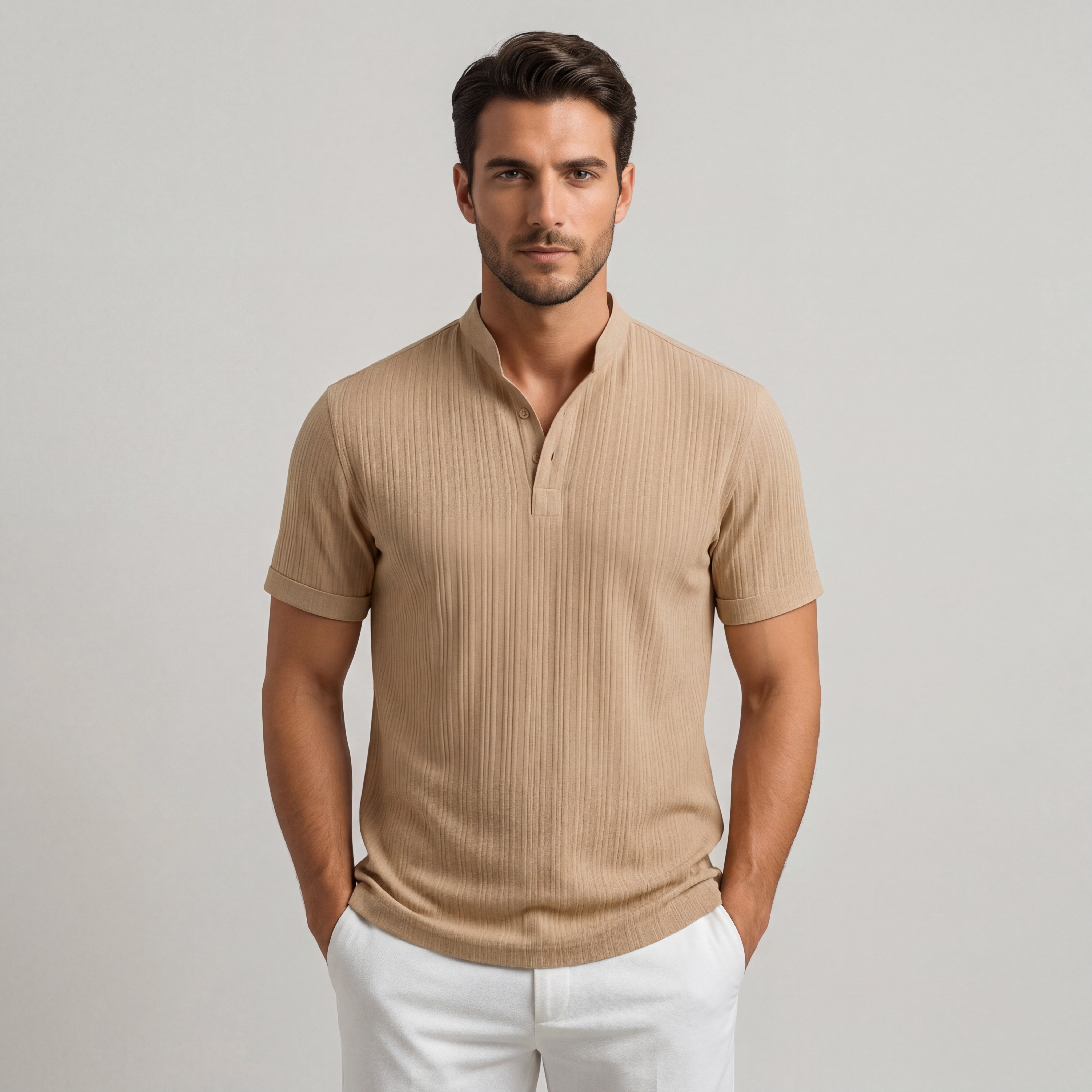 Composto camicia uomo manica corta lino righe collo coreana
