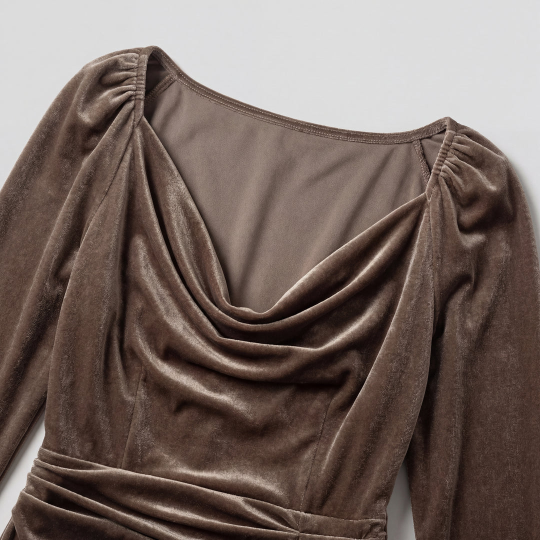 Sontuoso abito donna midi in velluto drappeggiato da sera
