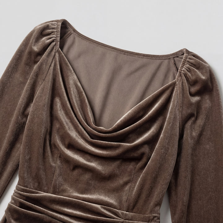 Sontuoso abito donna midi in velluto drappeggiato da sera