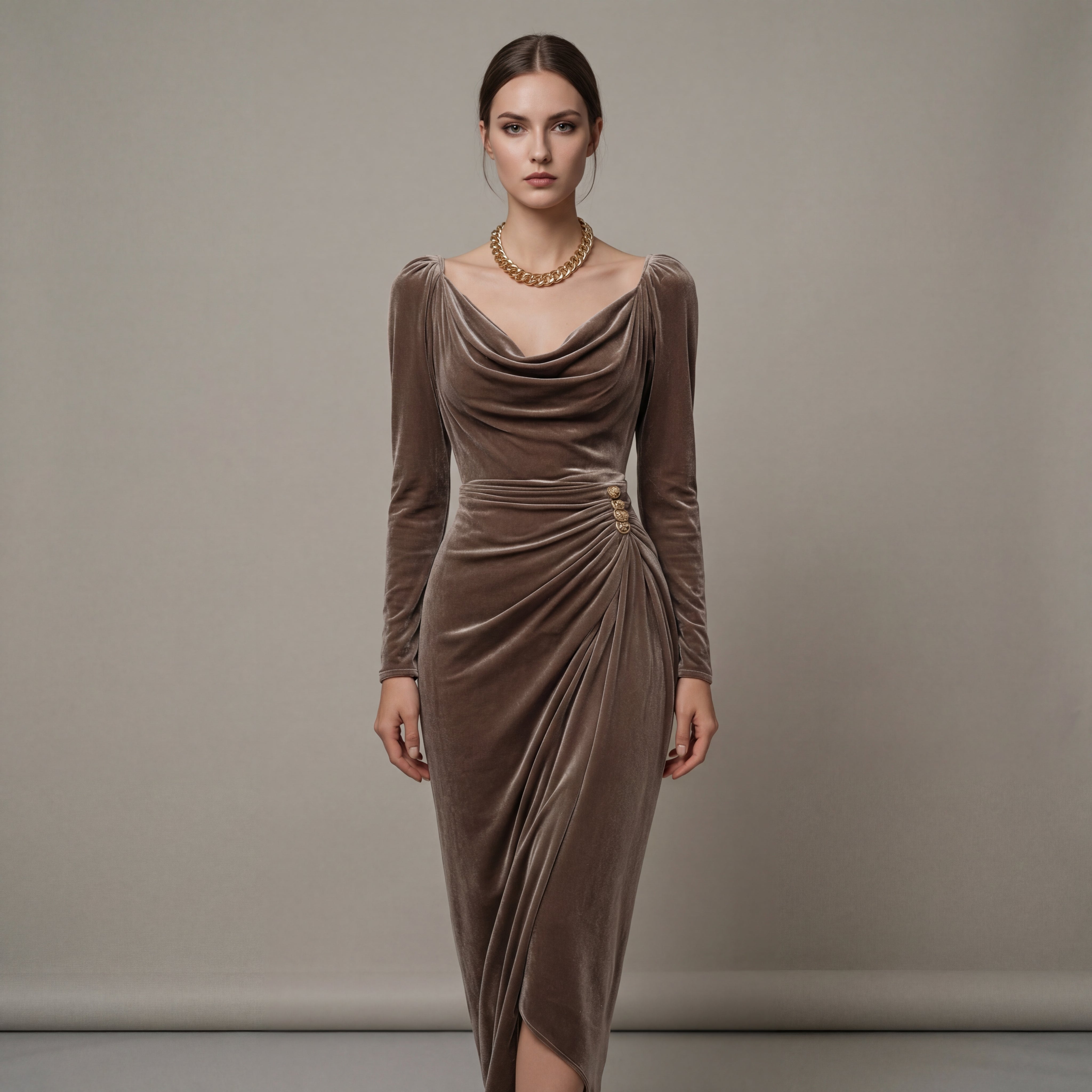 Sontuoso abito donna midi in velluto drappeggiato da sera