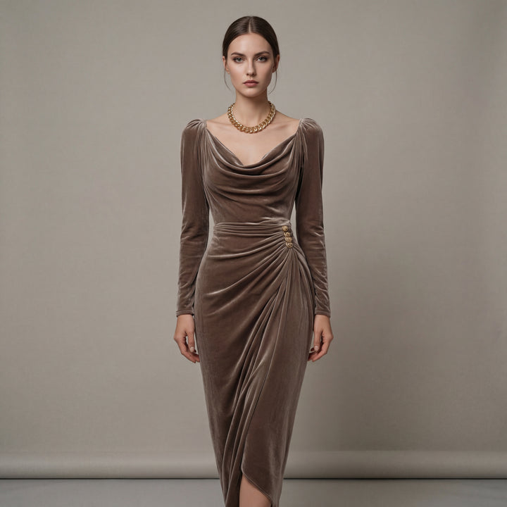 Sontuoso abito donna midi in velluto drappeggiato da sera