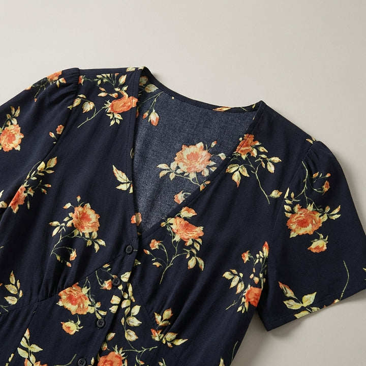 Abito estivo midi floreale nero con scollo a V e maniche corte