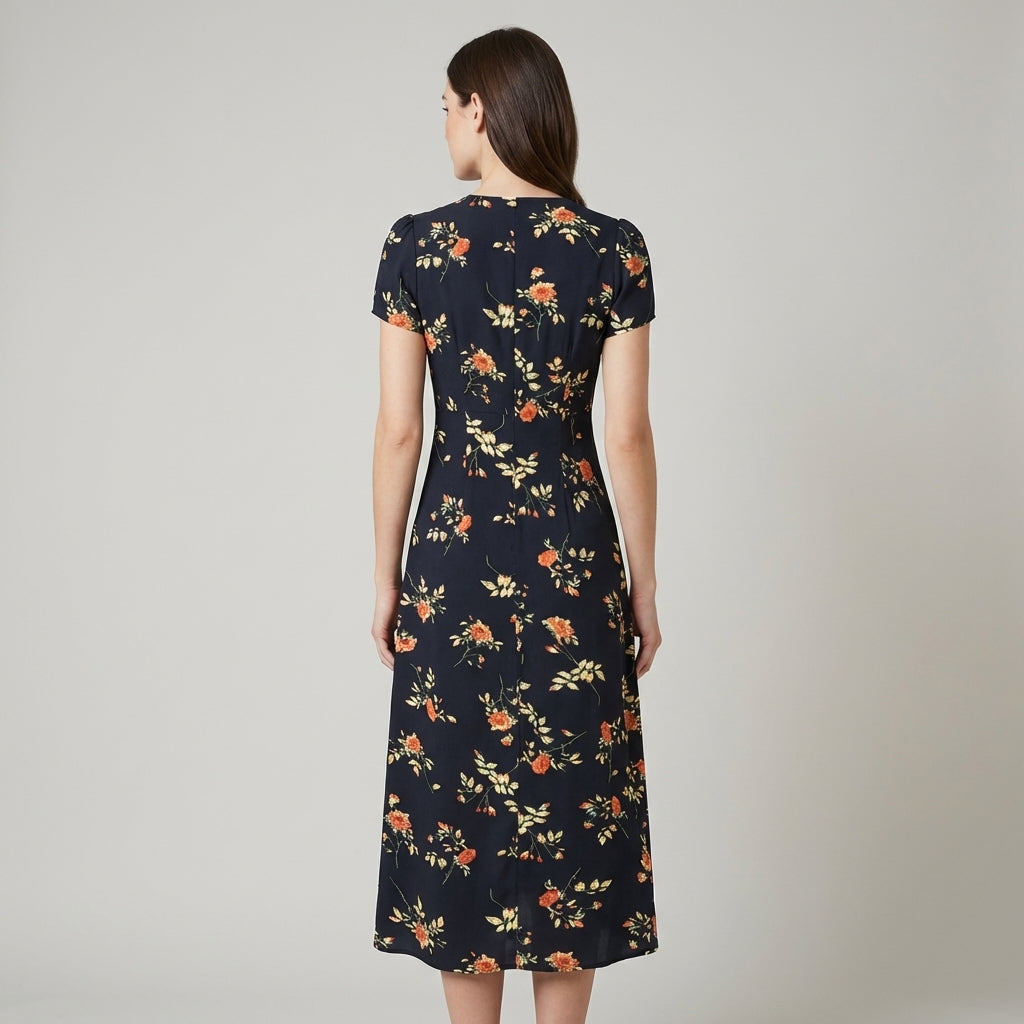Abito estivo midi floreale nero con scollo a V e maniche corte