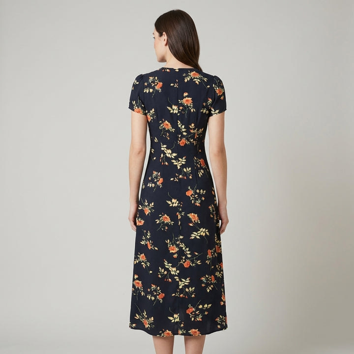 Abito estivo midi floreale nero con scollo a V e maniche corte