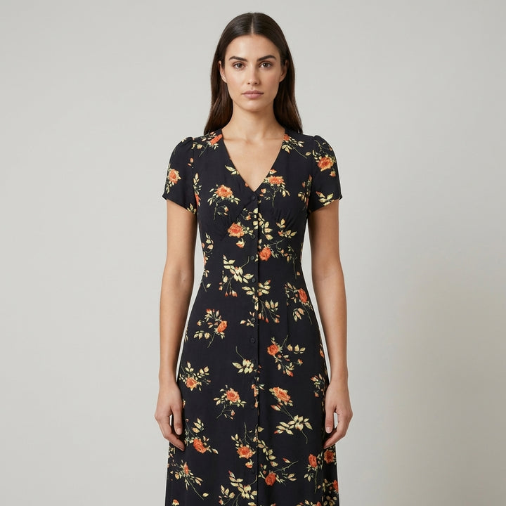 Abito estivo midi floreale nero con scollo a V e maniche corte