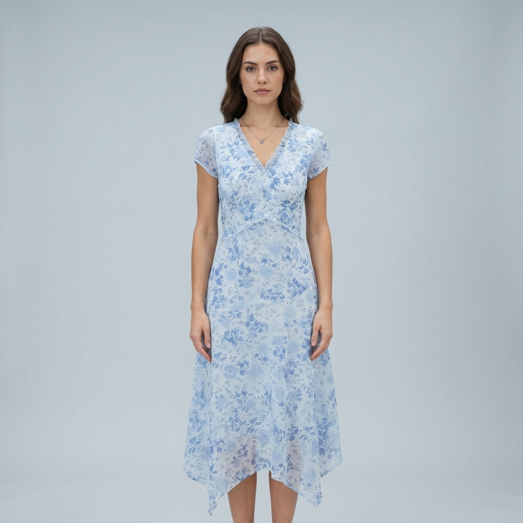 Abito estivo midi floreale blu con scollo a V