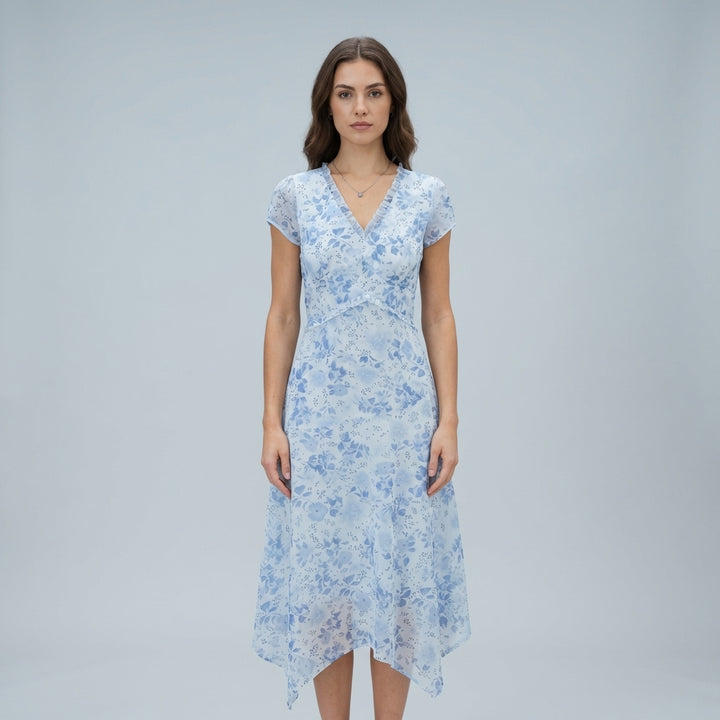 Abito estivo midi floreale blu con scollo a V