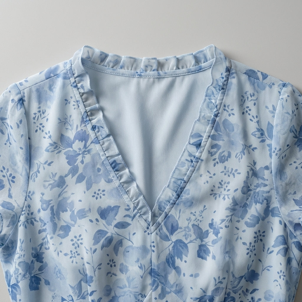 Abito estivo midi floreale blu con scollo a V